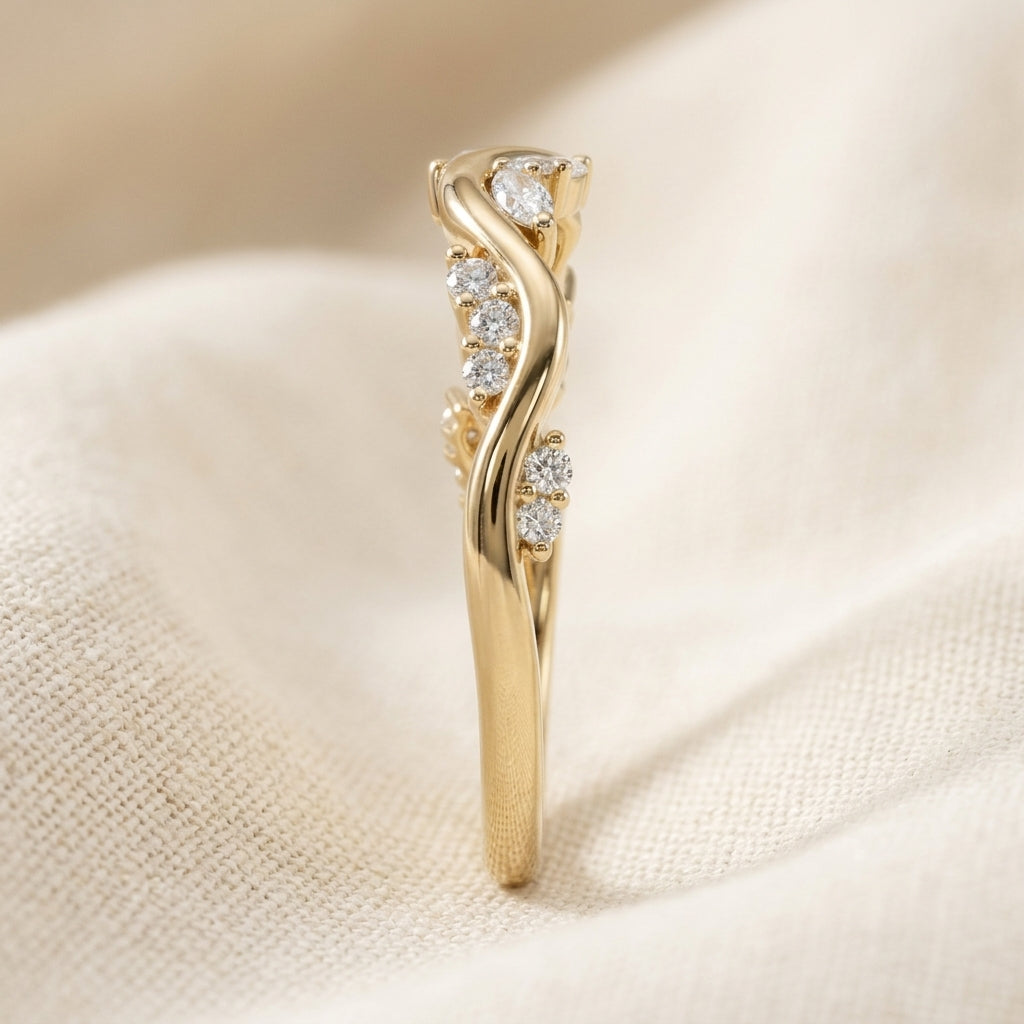 Marquise and Round Lab Grown Diamond Wedding Band, Nature Inspired Leaf Ring, Curved Vine Yellow Gold