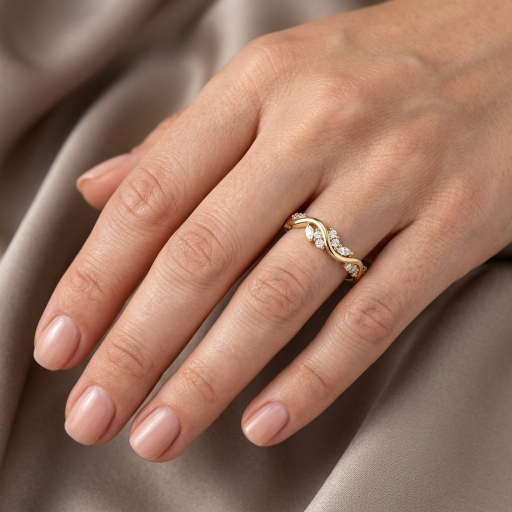 Marquise and Round Lab Grown Diamond Wedding Band, Nature Inspired Leaf Ring, Curved Vine Yellow Gold