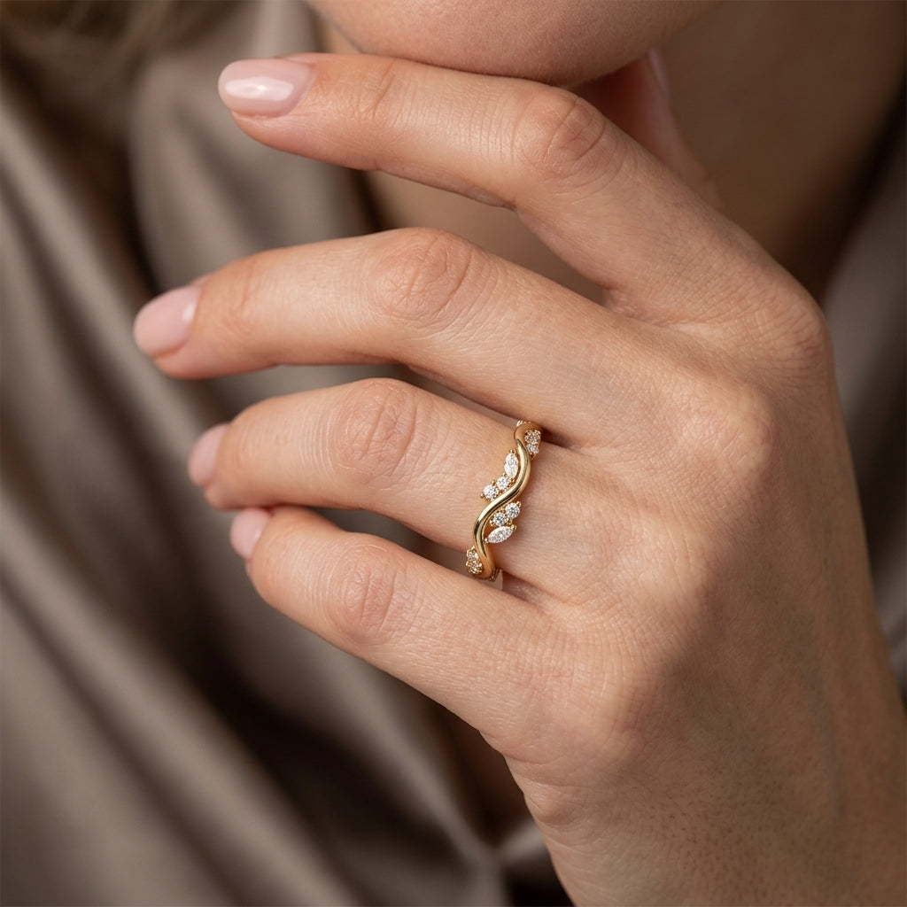 Marquise and Round Lab Grown Diamond Wedding Band, Nature Inspired Leaf Ring, Curved Vine Yellow Gold