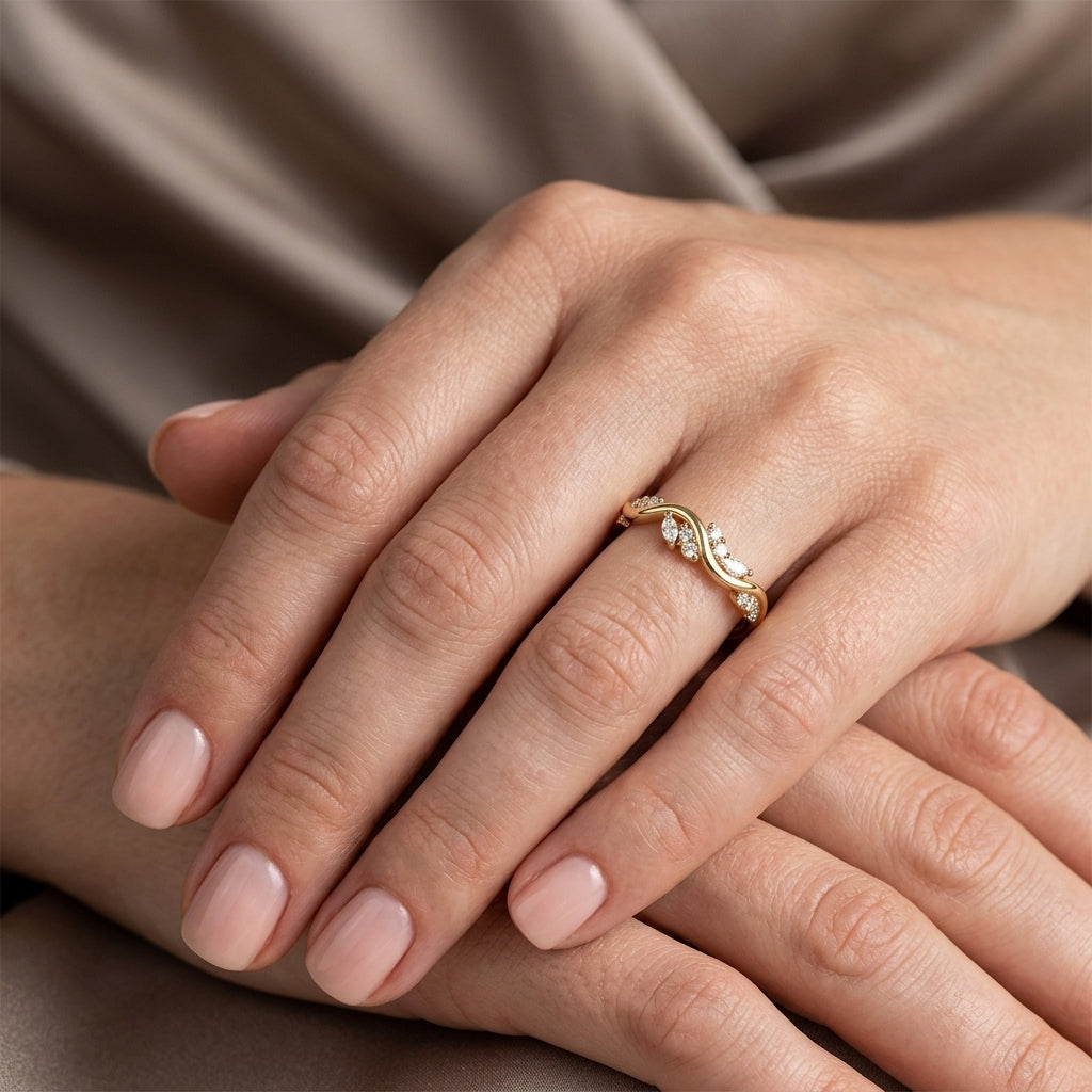 Marquise and Round Lab Grown Diamond Wedding Band, Nature Inspired Leaf Ring, Curved Vine Yellow Gold