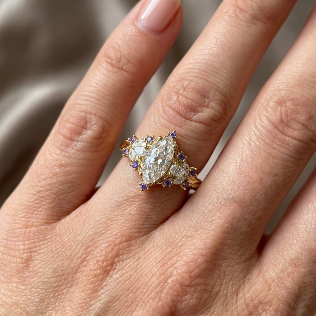 Marquise Cut Lab Grown Diamond Engagement Ring, Purple Sapphire Floral Cluster, Yellow Gold  Proposal Ring