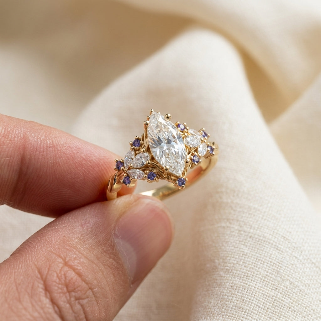 Marquise Cut Lab Grown Diamond Engagement Ring, Purple Sapphire Floral Cluster, Yellow Gold  Proposal Ring