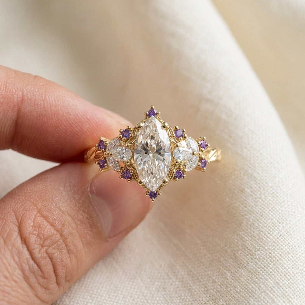 Marquise Cut Lab Grown Diamond Engagement Ring, Purple Sapphire Floral Cluster, Yellow Gold  Proposal Ring