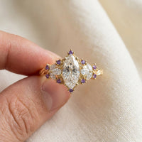Marquise Cut Lab Grown Diamond Engagement Ring, Purple Sapphire Floral Cluster, Yellow Gold  Proposal Ring