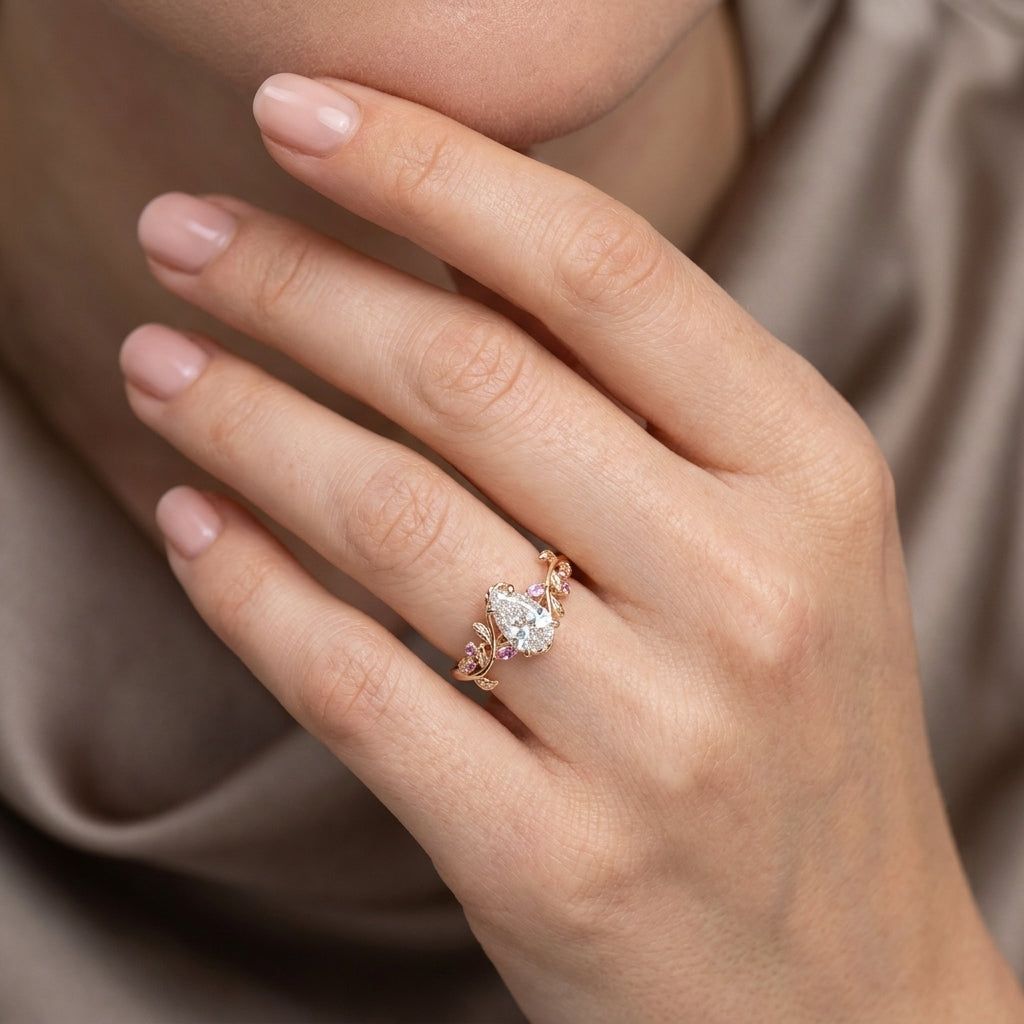 Pear Cut Lab Grown Diamond Engagement Ring, Pink Sapphire Floral Vine Band, Yellow Gold Nature  Proposal Ring