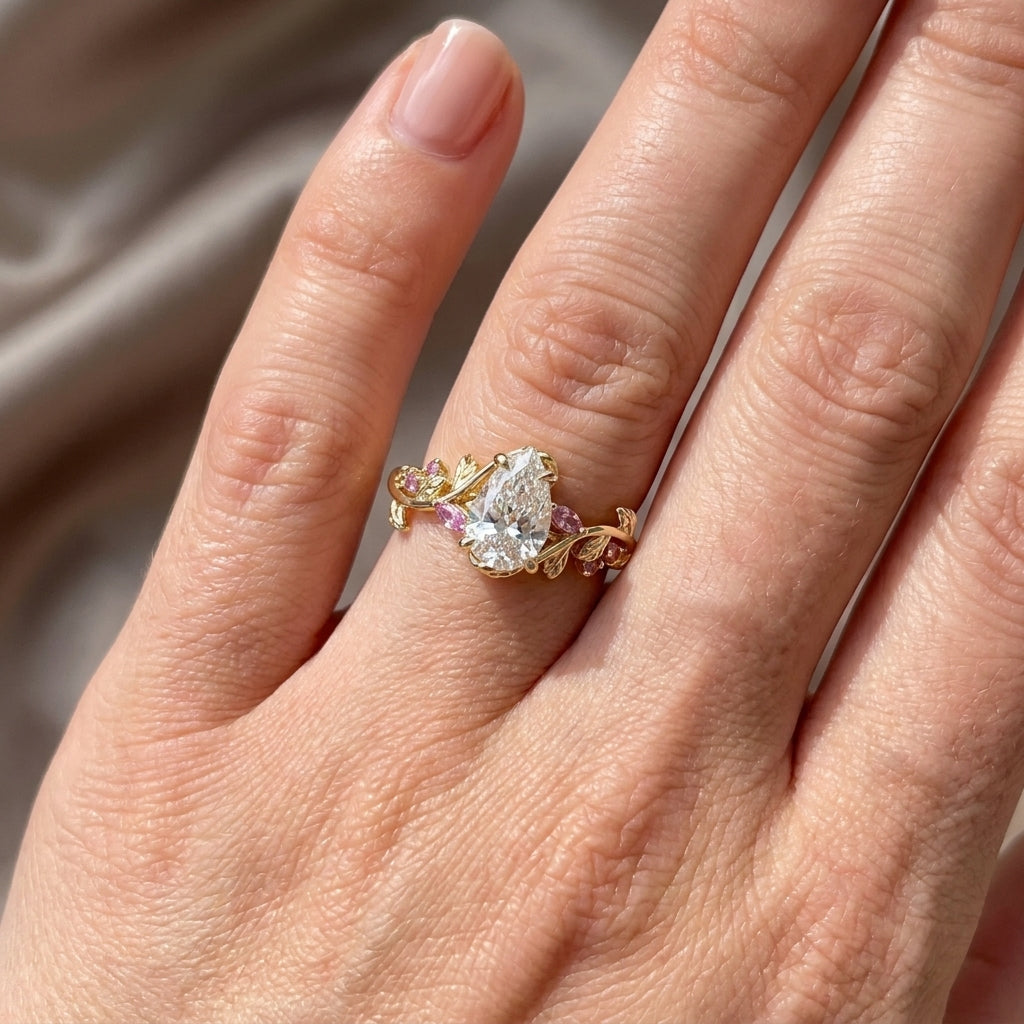 Pear Cut Lab Grown Diamond Engagement Ring, Pink Sapphire Floral Vine Band, Yellow Gold Nature  Proposal Ring