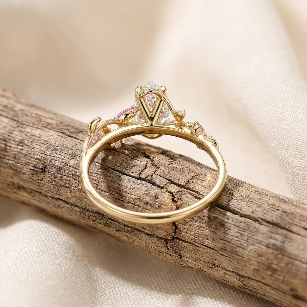 Pear Cut Lab Grown Diamond Engagement Ring, Pink Sapphire Floral Vine Band, Yellow Gold Nature  Proposal Ring