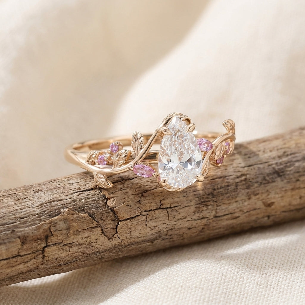 Pear Cut Lab Grown Diamond Engagement Ring, Pink Sapphire Floral Vine Band, Yellow Gold Nature  Proposal Ring