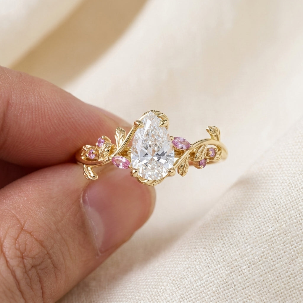 Pear Cut Lab Grown Diamond Engagement Ring, Pink Sapphire Floral Vine Band, Yellow Gold Nature  Proposal Ring