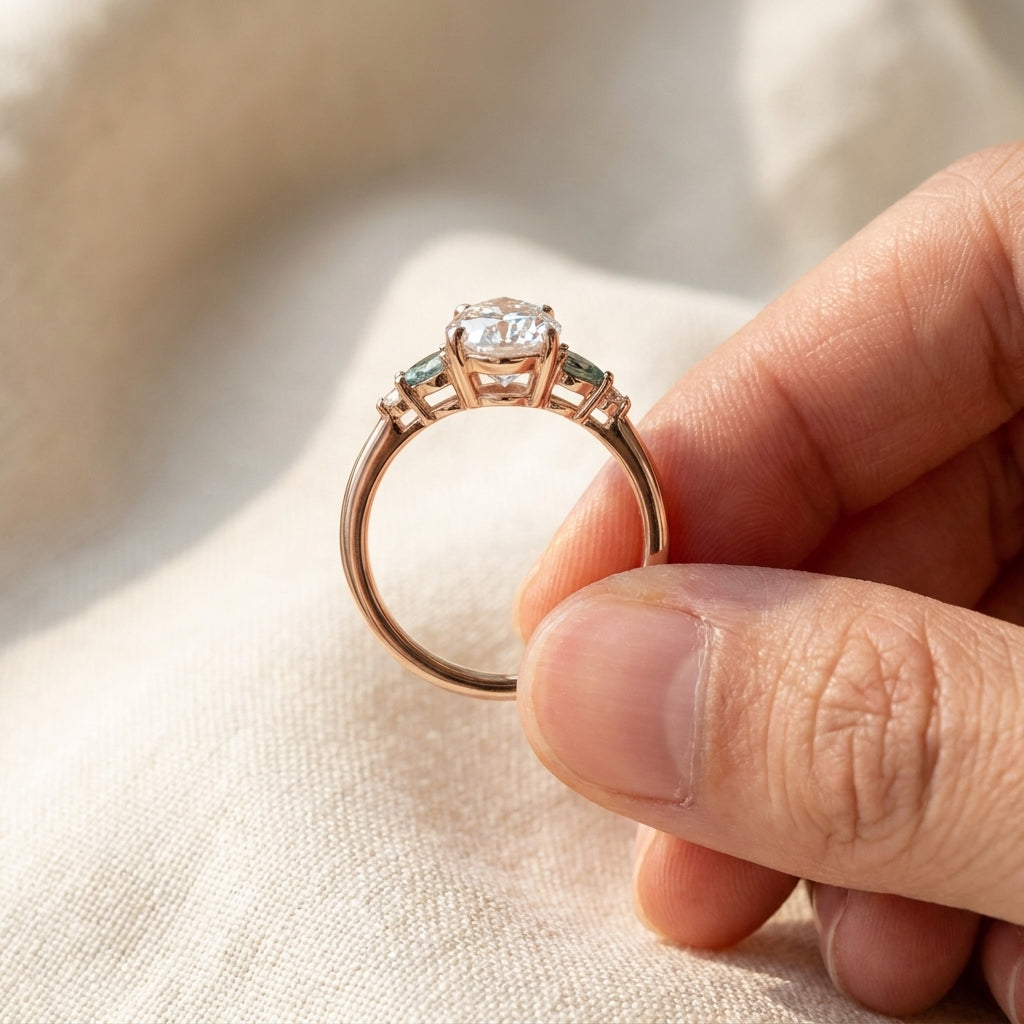 Pear Cut Lab Grown Diamond Engagement Ring, Teal Sapphire Side Stones, Rose Gold Three Stone Proposal Ring