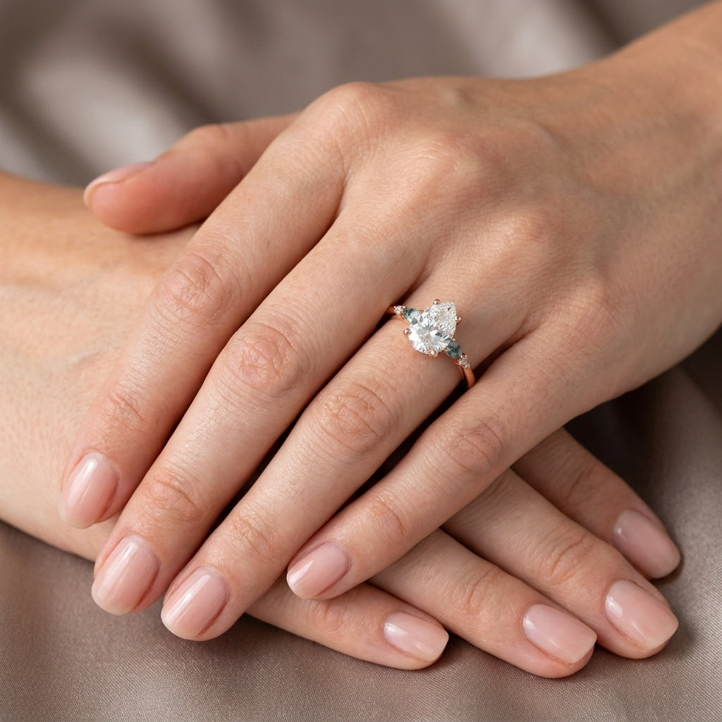 Pear Cut Lab Grown Diamond Engagement Ring, Teal Sapphire Side Stones, Rose Gold Three Stone Proposal Ring