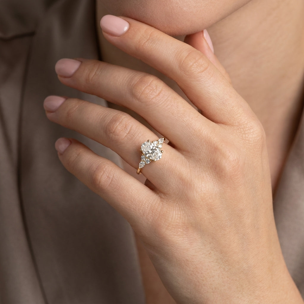 Oval Cut Lab Grown Diamond Engagement Ring, Pear and Round Cluster Side Stones, Yellow Gold  Proposal Ring