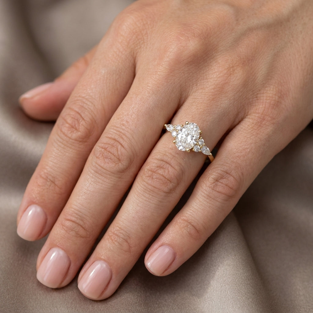 Oval Cut Lab Grown Diamond Engagement Ring, Pear and Round Cluster Side Stones, Yellow Gold  Proposal Ring