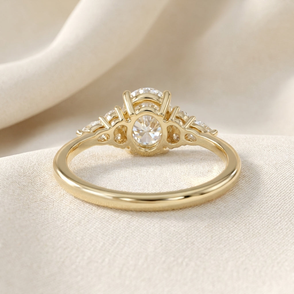 Oval Cut Lab Grown Diamond Engagement Ring, Pear and Round Cluster Side Stones, Yellow Gold  Proposal Ring
