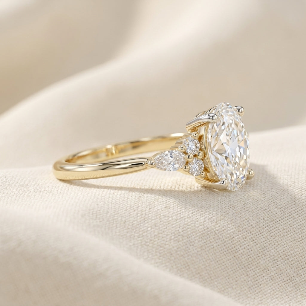 Oval Cut Lab Grown Diamond Engagement Ring, Pear and Round Cluster Side Stones, Yellow Gold  Proposal Ring