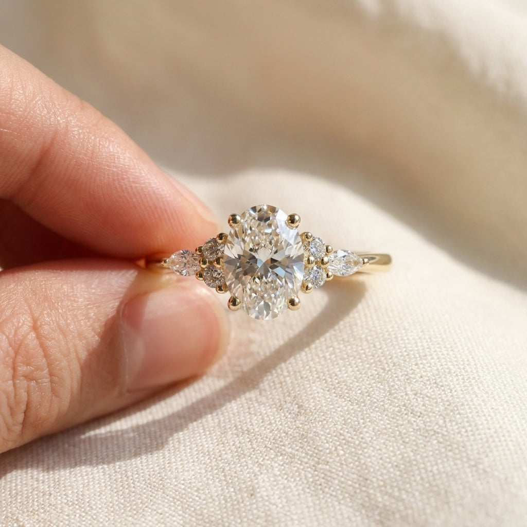 Oval Cut Lab Grown Diamond Engagement Ring, Pear and Round Cluster Side Stones, Yellow Gold  Proposal Ring
