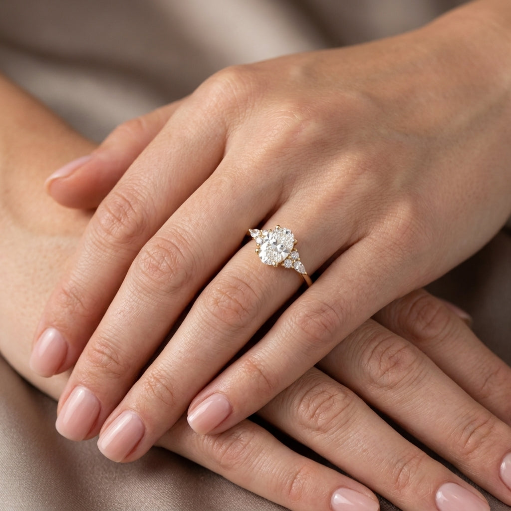 Oval Cut Lab Grown Diamond Engagement Ring, Pear and Round Cluster Side Stones, Yellow Gold  Proposal Ring