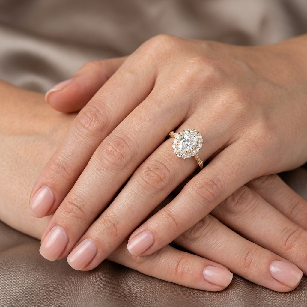 Oval Cut Lab Grown Diamond Engagement Ring, Vintage Diamond Halo Infinity Band, Yellow Gold Proposal Ring
