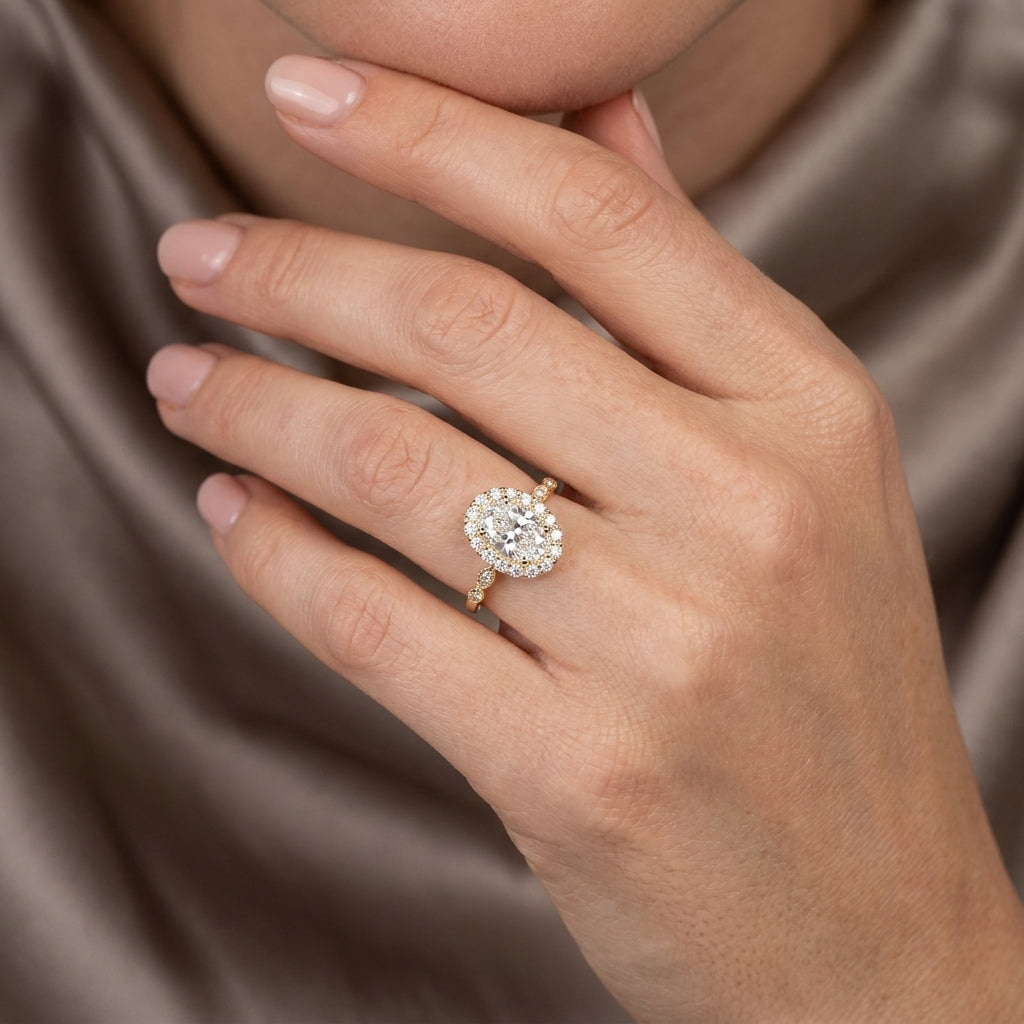 Oval Cut Lab Grown Diamond Engagement Ring, Vintage Diamond Halo Infinity Band, Yellow Gold Proposal Ring