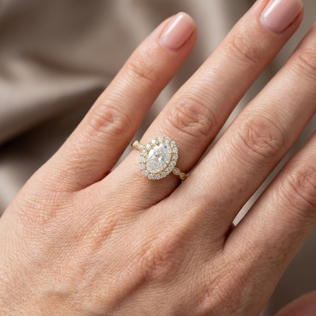 Oval Cut Lab Grown Diamond Engagement Ring, Vintage Diamond Halo Infinity Band, Yellow Gold Proposal Ring