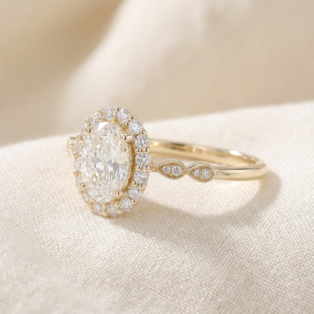 Oval Cut Lab Grown Diamond Engagement Ring, Vintage Diamond Halo Infinity Band, Yellow Gold Proposal Ring