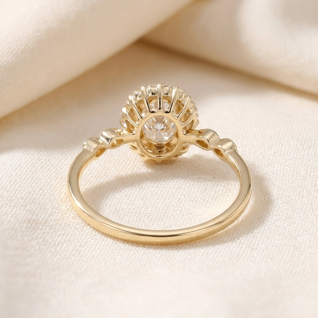 Oval Cut Lab Grown Diamond Engagement Ring, Vintage Diamond Halo Infinity Band, Yellow Gold Proposal Ring