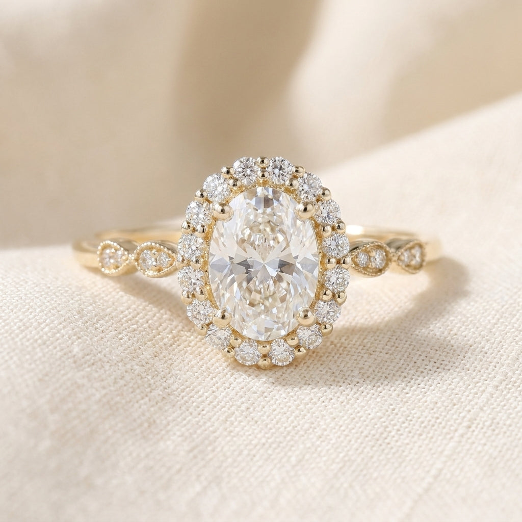 Oval Cut Lab Grown Diamond Engagement Ring, Vintage Diamond Halo Infinity Band, Yellow Gold Proposal Ring