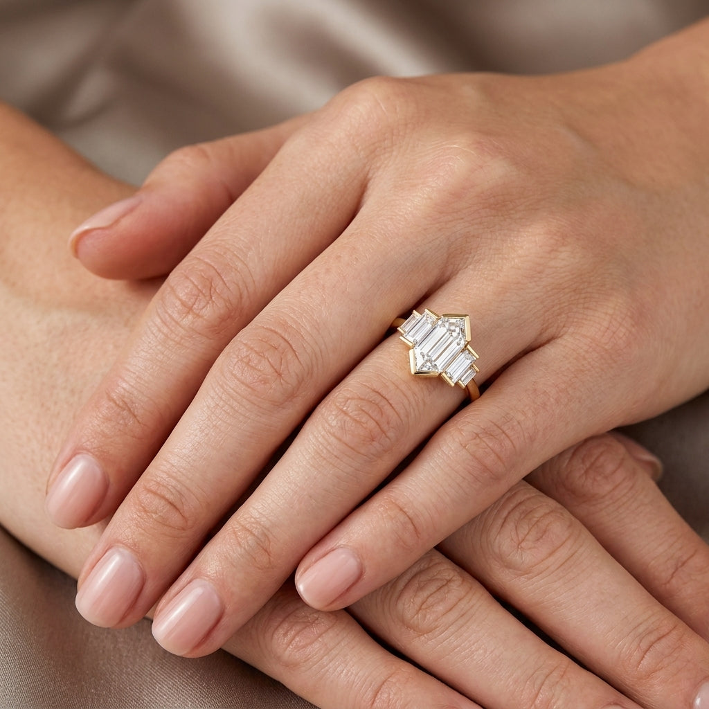 Elongated Hexagon Cut Lab Grown Diamond Engagement Ring, Art Deco Baguette Cluster, Yellow Gold  Proposal Ring
