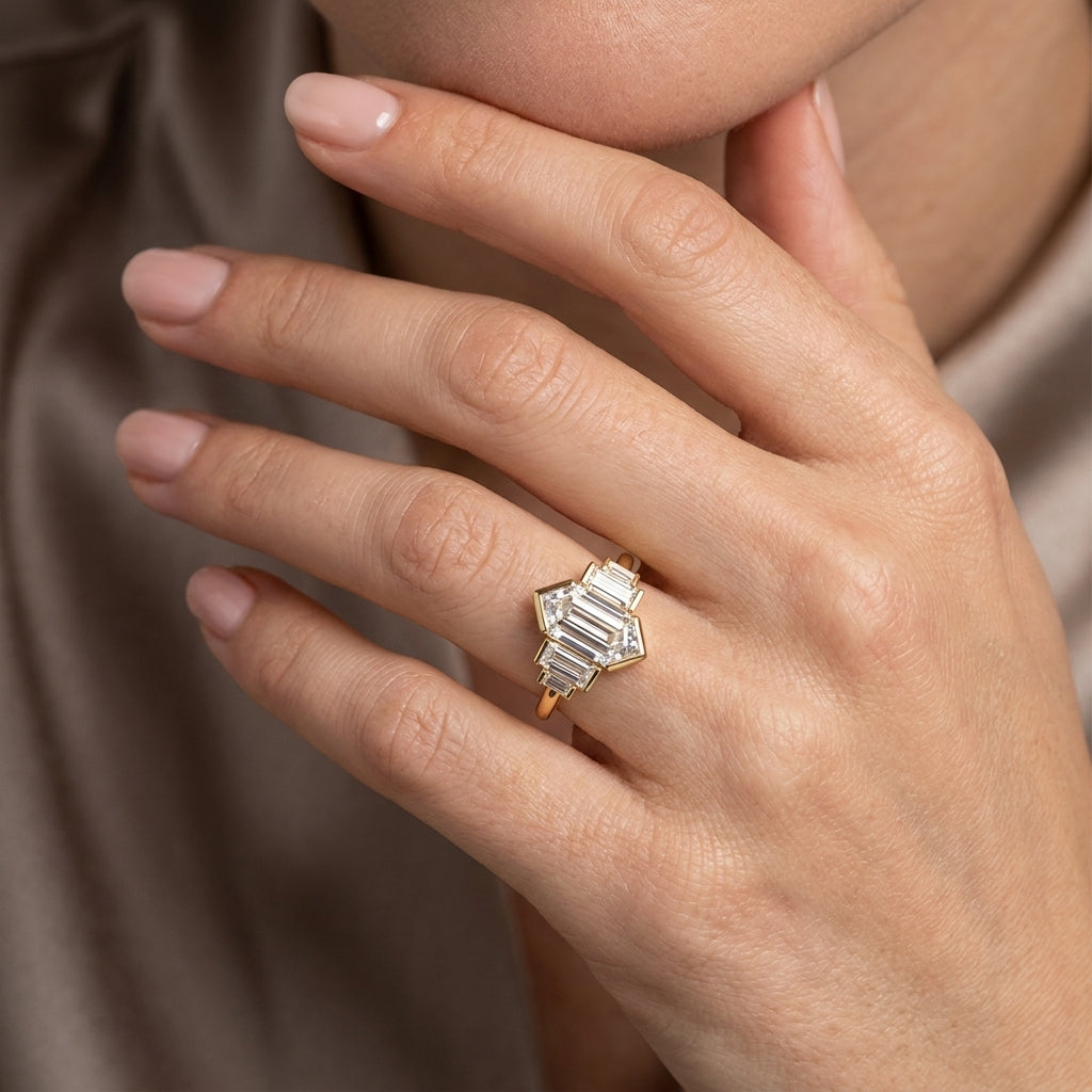 Elongated Hexagon Cut Lab Grown Diamond Engagement Ring, Art Deco Baguette Cluster, Yellow Gold  Proposal Ring
