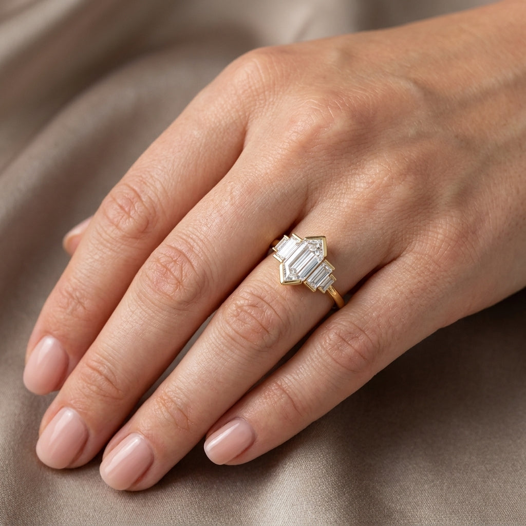 Elongated Hexagon Cut Lab Grown Diamond Engagement Ring, Art Deco Baguette Cluster, Yellow Gold  Proposal Ring