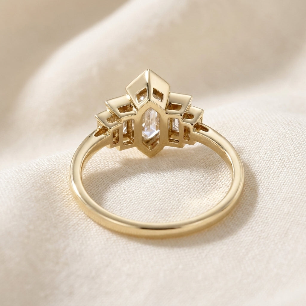 Elongated Hexagon Cut Lab Grown Diamond Engagement Ring, Art Deco Baguette Cluster, Yellow Gold  Proposal Ring