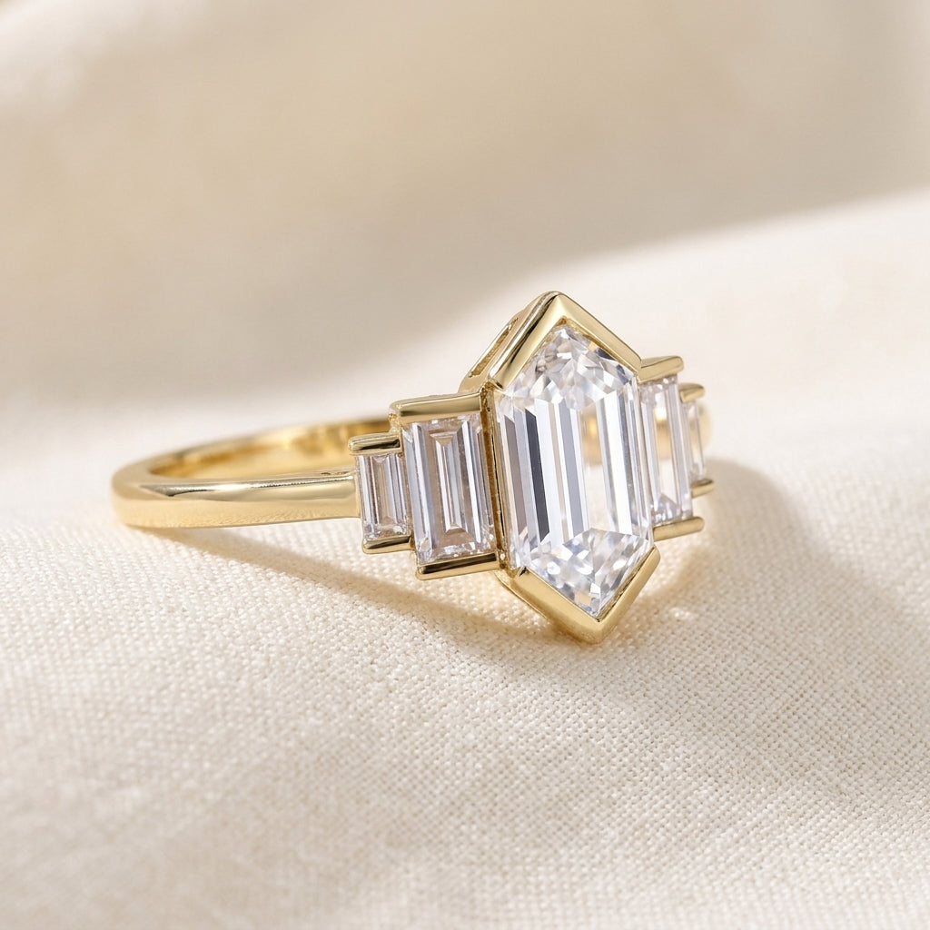 Elongated Hexagon Cut Lab Grown Diamond Engagement Ring, Art Deco Baguette Cluster, Yellow Gold  Proposal Ring