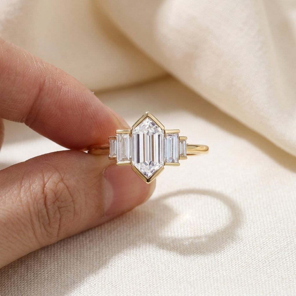 Elongated Hexagon Cut Lab Grown Diamond Engagement Ring, Art Deco Baguette Cluster, Yellow Gold  Proposal Ring