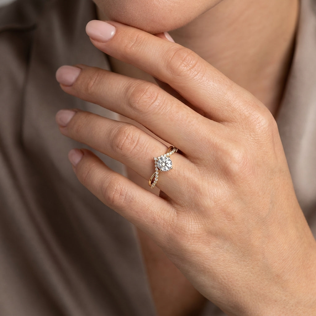 Round Cut Lab Grown Diamond Engagement Ring, Crown Chevron Pavé Band, Yellow Gold Tiara Proposal Ring