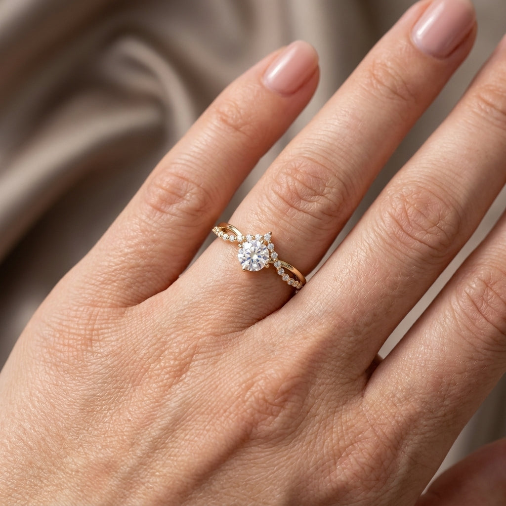 Round Cut Lab Grown Diamond Engagement Ring, Crown Chevron Pavé Band, Yellow Gold Tiara Proposal Ring