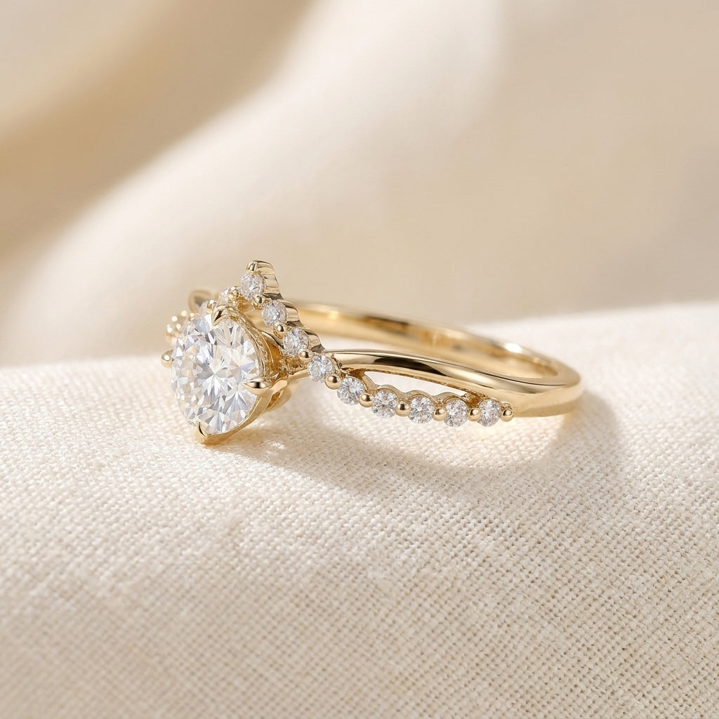 Round Cut Lab Grown Diamond Engagement Ring, Crown Chevron Pavé Band, Yellow Gold Tiara Proposal Ring