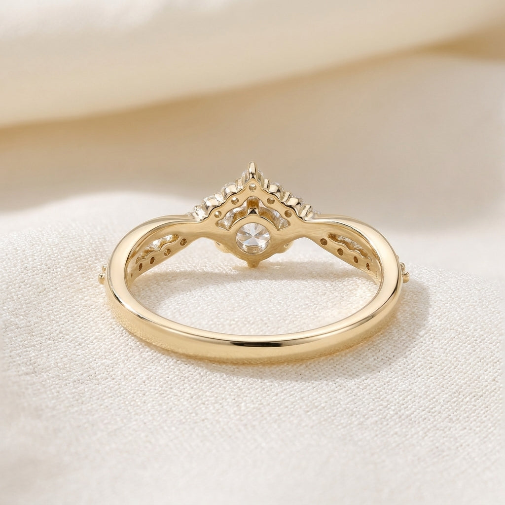 Round Cut Lab Grown Diamond Engagement Ring, Crown Chevron Pavé Band, Yellow Gold Tiara Proposal Ring
