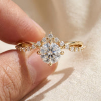 Round Cut Lab Grown Diamond Engagement Ring, Crown Chevron Pavé Band, Yellow Gold Tiara Proposal Ring