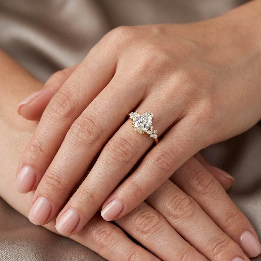 Pear Cut Lab Grown Diamond Engagement Ring, Floral Cluster Side Stones, Yellow Gold Nature  Proposal Ring