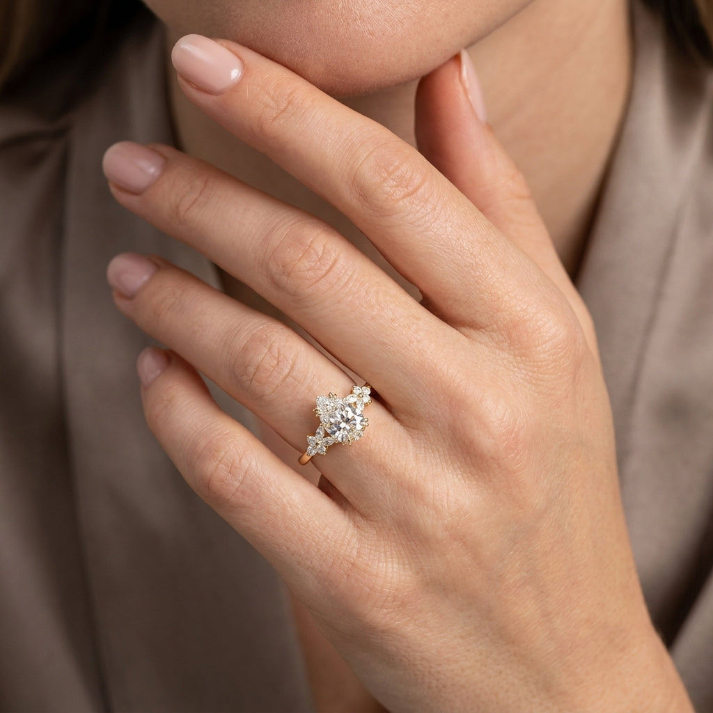 Pear Cut Lab Grown Diamond Engagement Ring, Floral Cluster Side Stones, Yellow Gold Nature  Proposal Ring