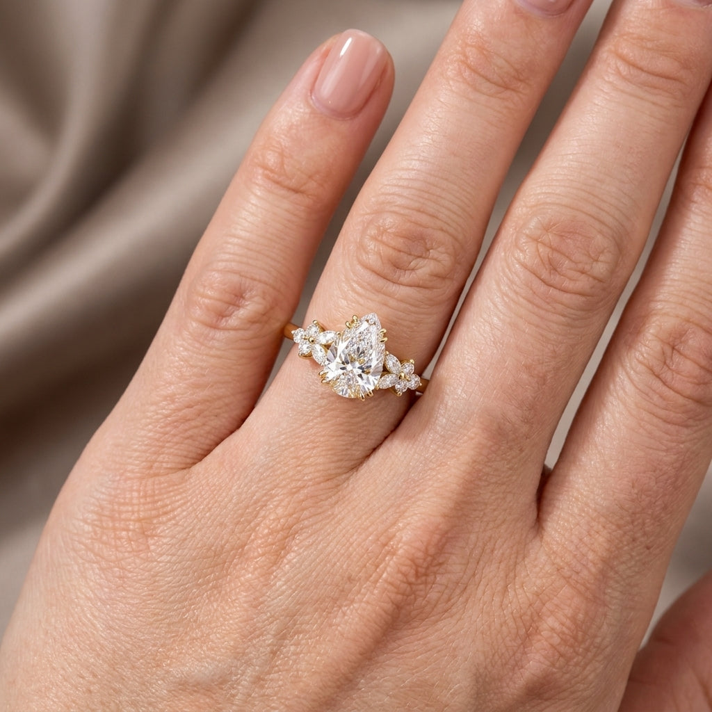 Pear Cut Lab Grown Diamond Engagement Ring, Floral Cluster Side Stones, Yellow Gold Nature  Proposal Ring