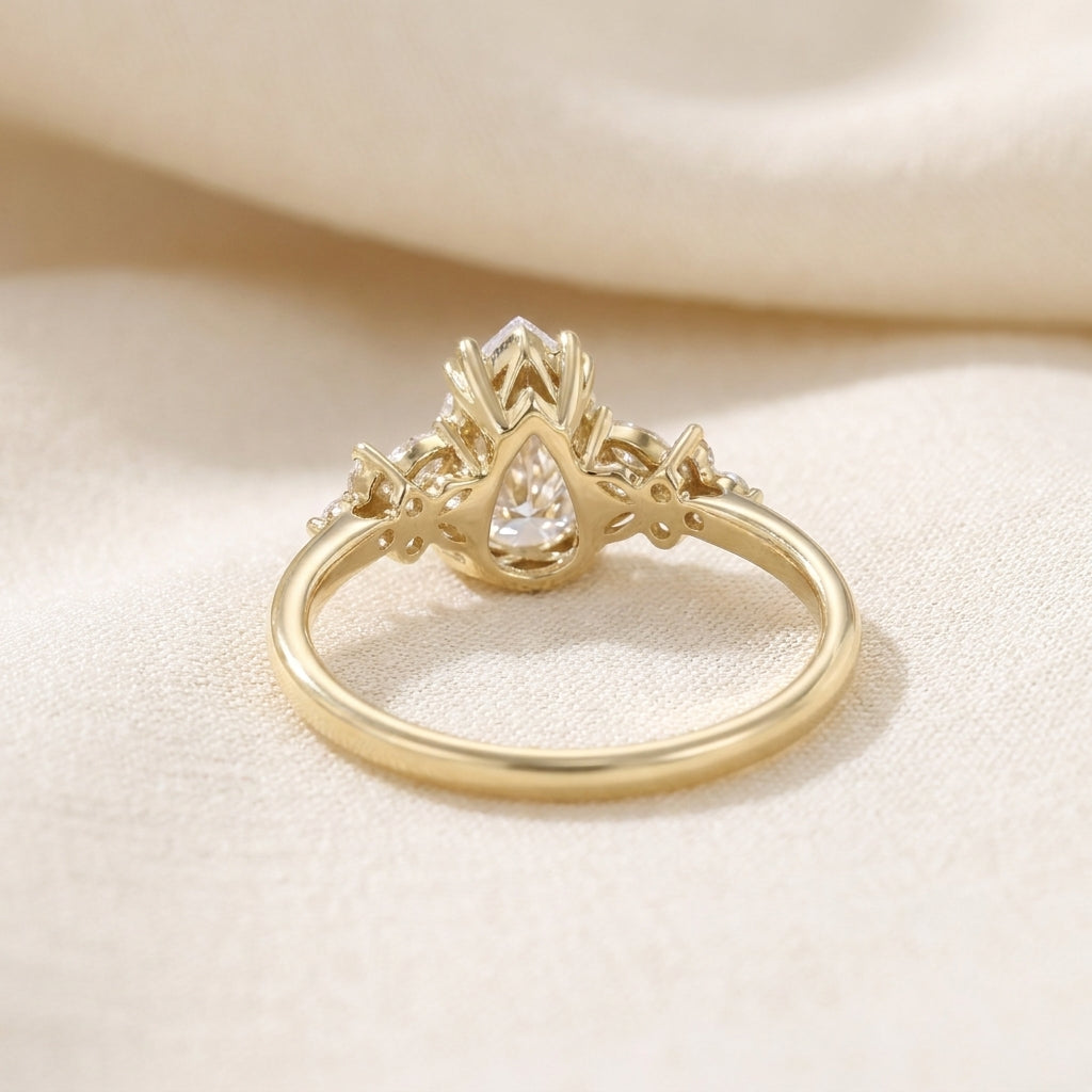 Pear Cut Lab Grown Diamond Engagement Ring, Floral Cluster Side Stones, Yellow Gold Nature  Proposal Ring