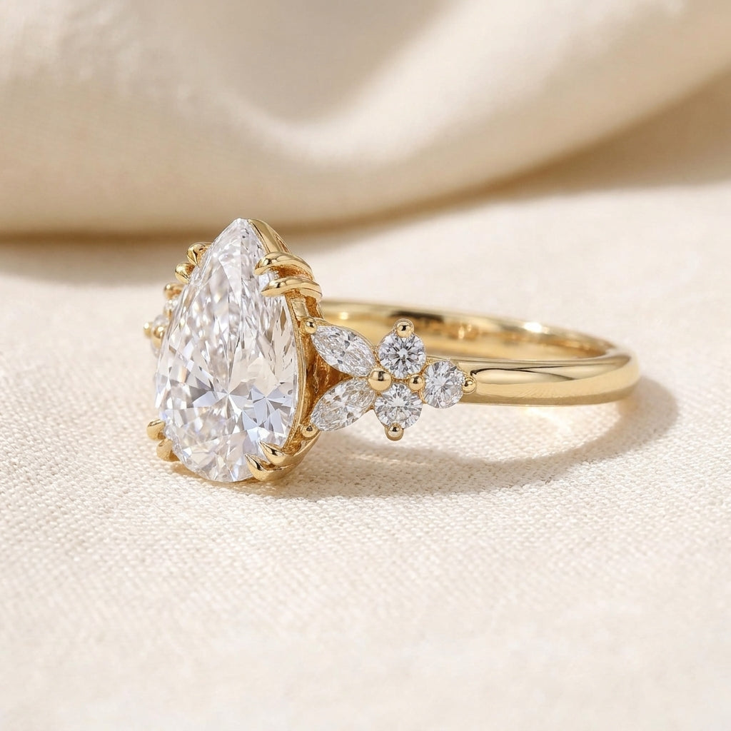Pear Cut Lab Grown Diamond Engagement Ring, Floral Cluster Side Stones, Yellow Gold Nature  Proposal Ring