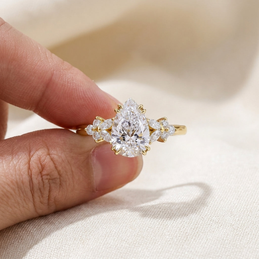 Pear Cut Lab Grown Diamond Engagement Ring, Floral Cluster Side Stones, Yellow Gold Nature  Proposal Ring