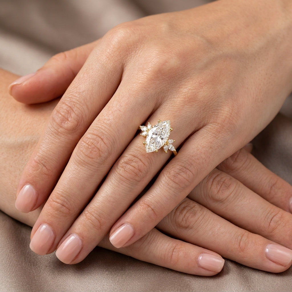 Marquise Cut Lab Grown Diamond Engagement Ring, Leaf Cluster Nature Inspired Bridal Ring, Yellow Gold Anniversary Ring