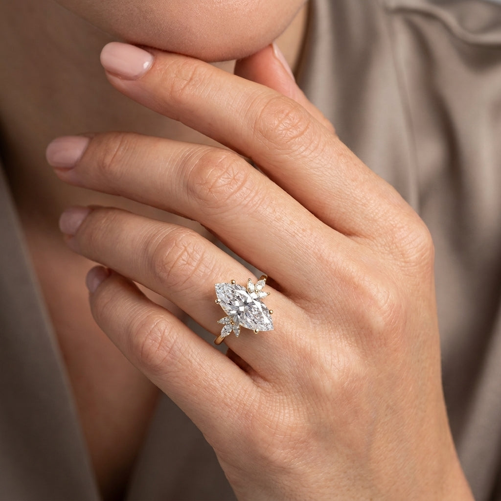 Marquise Cut Lab Grown Diamond Engagement Ring, Leaf Cluster Nature Inspired Bridal Ring, Yellow Gold Anniversary Ring
