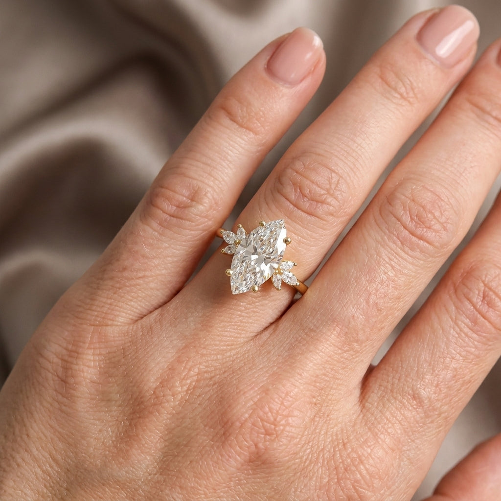 Marquise Cut Lab Grown Diamond Engagement Ring, Leaf Cluster Nature Inspired Bridal Ring, Yellow Gold Anniversary Ring