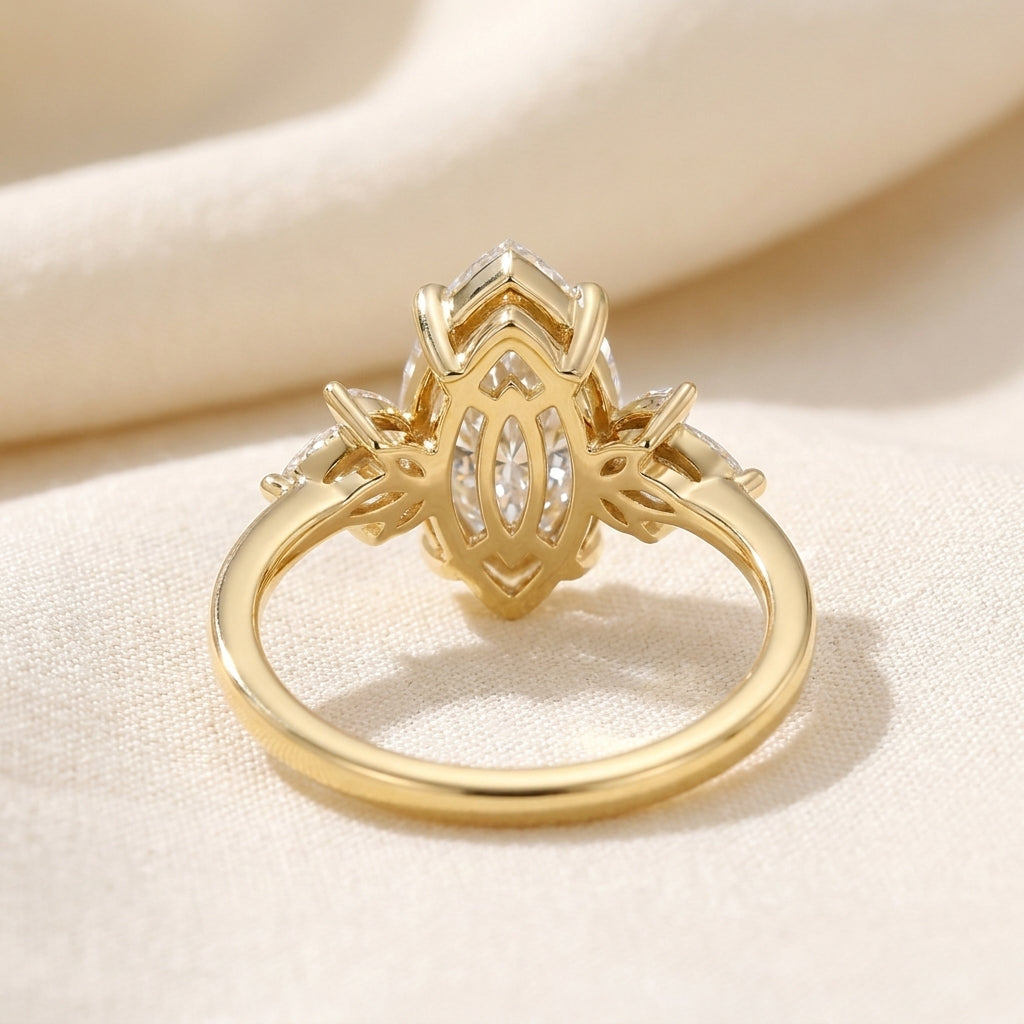 Marquise Cut Lab Grown Diamond Engagement Ring, Leaf Cluster Nature Inspired Bridal Ring, Yellow Gold Anniversary Ring