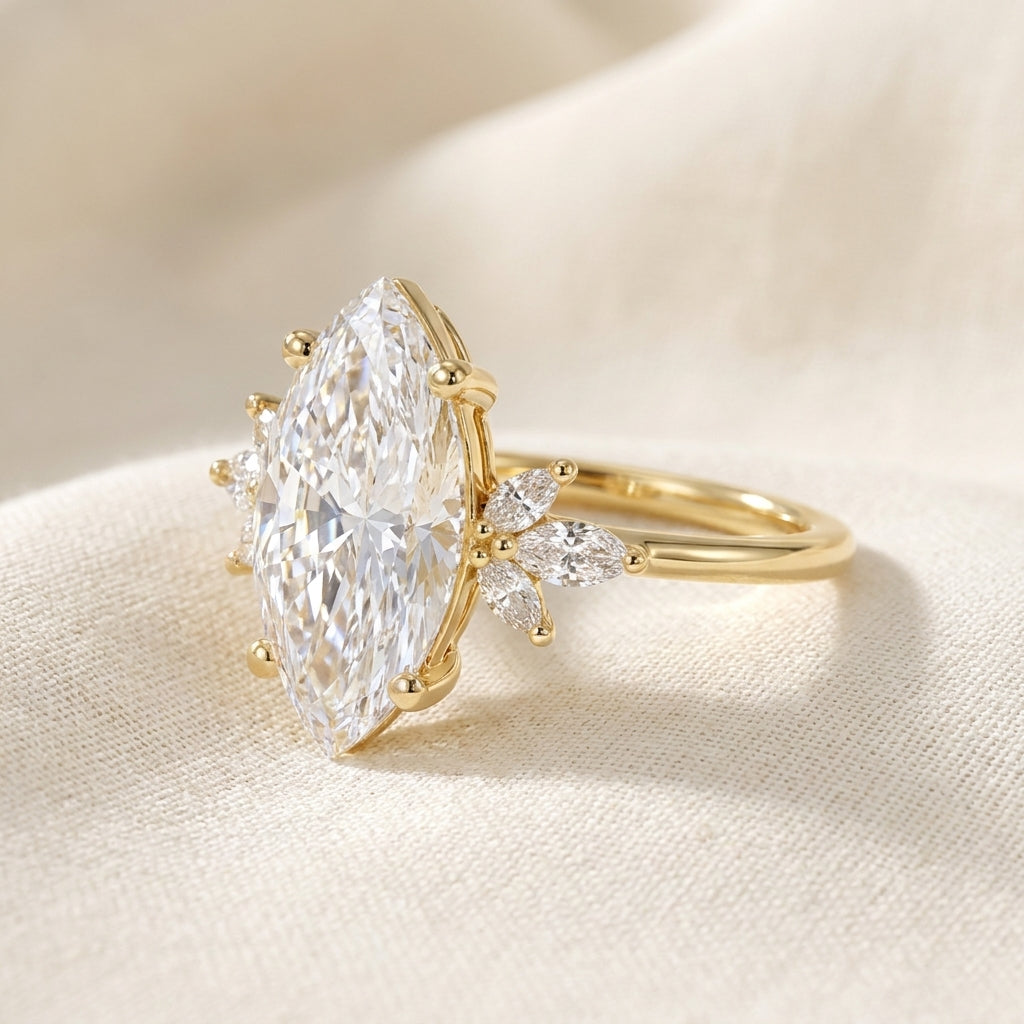 Marquise Cut Lab Grown Diamond Engagement Ring, Leaf Cluster Nature Inspired Bridal Ring, Yellow Gold Anniversary Ring