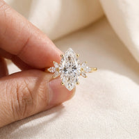 Marquise Cut Lab Grown Diamond Engagement Ring, Leaf Cluster Nature Inspired Bridal Ring, Yellow Gold Anniversary Ring